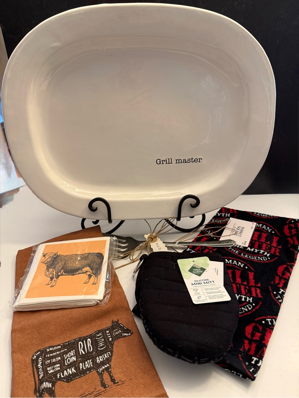 Mud Pie White Ceramic 'Grill Master' Serving Platter with extras!